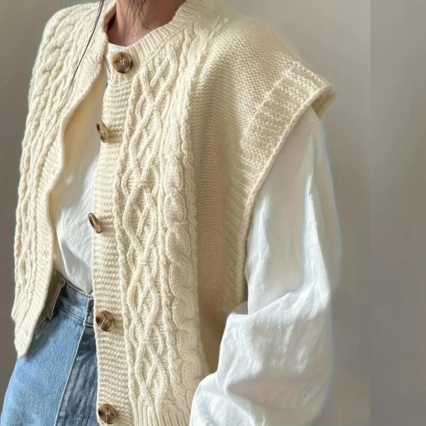 Aase - Kvinders Kraftig Strikket Vest med Knapper - Ærmeløs Cardigan Sweater