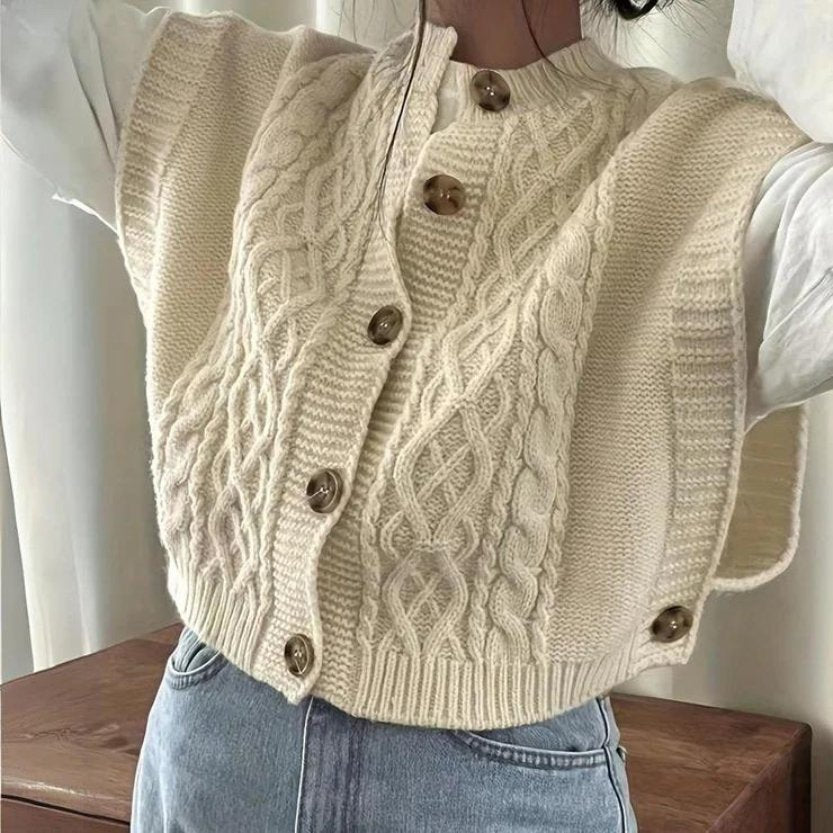 Aase - Kvinders Kraftig Strikket Vest med Knapper - Ærmeløs Cardigan Sweater